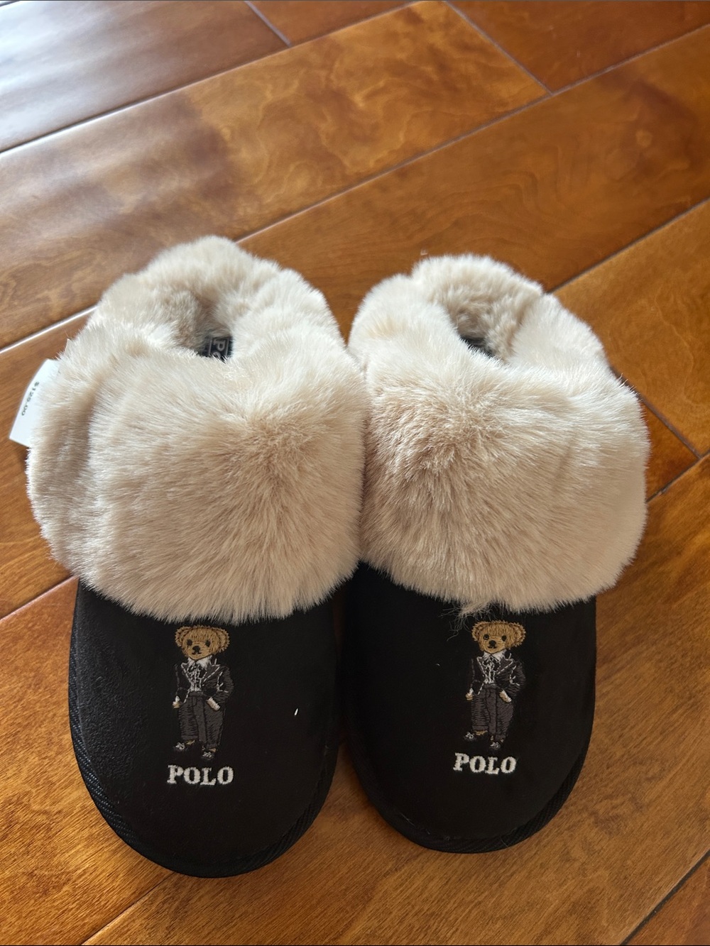 Ralph Lauren Black Slippers with Beige Faux-Fur Cuff and Polo Bear